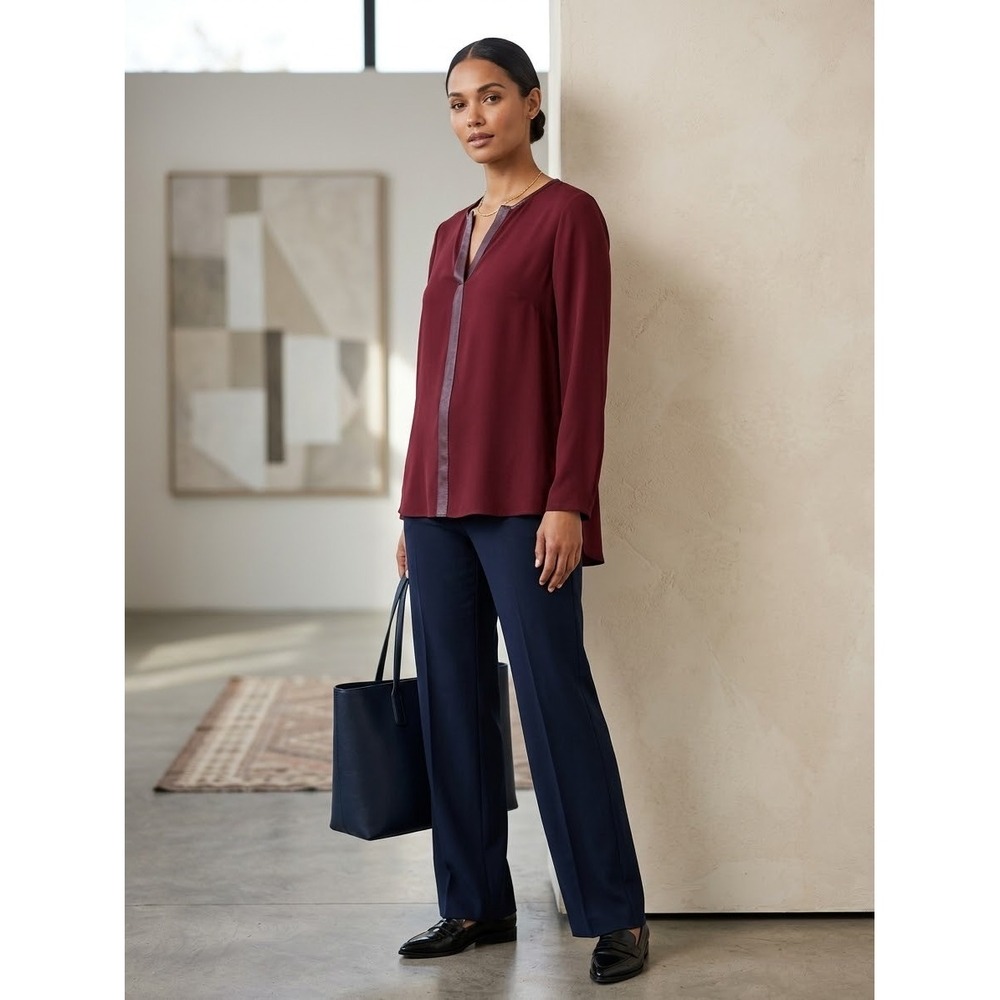 Lafayette 148 New York Burgundy 100% Silk Leather Trim V-Neck Blouse Size 8